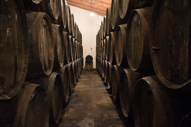 Şaraphanedeki şarap fıçıları. İspanya şaraphanesinde istiflenmiş şarap fıçıları. - Fotoğraf, Görsel