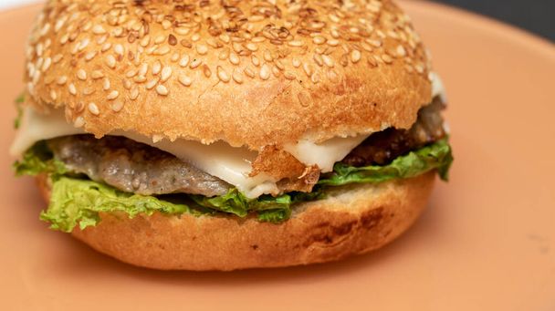 Hamburger, Brötchen mit Schnitzel, Käse und Kräutern. - Foto, Bild