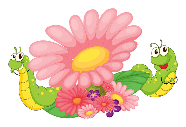 Улыбающиеся черви и цветущие цветы
 - Вектор,изображение