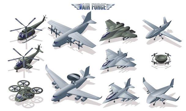 Askeri Hava Kuvvetleri Hava Kuvvetleri Toplama, Taşımacılık ve keşif uçakları, avcı uçakları ve saldırı uçakları, helikopterler ve izole edilmiş arka planda izometrik savaş İHA 'ları - Vektör, Görsel