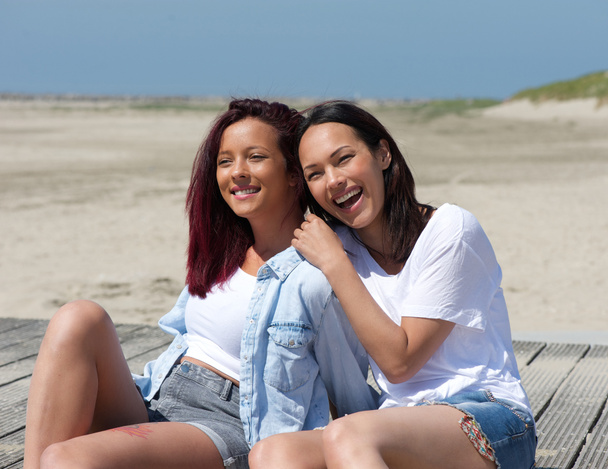 微笑在海滩上的两个姐妹 - 写真・画像