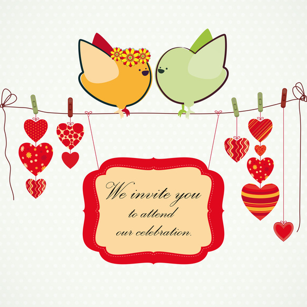 Invitation background. Couple of birdies, hearts on the clothespin and a banner for your text. - Vector, afbeelding