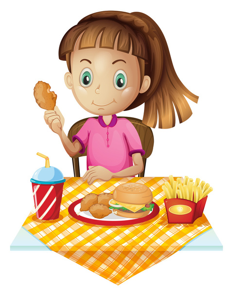 ファーストフード店で食べる女の子 - ベクター画像