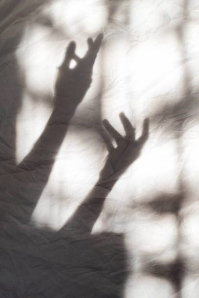 Grey shadows of hands reaching each other on the wall. Abstract blurred effect. Focus on shadows. - Photo, image