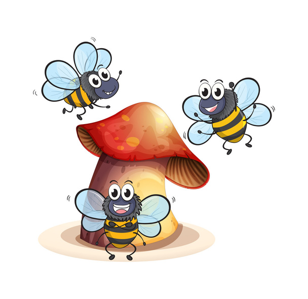 eine große Pilzpflanze mit drei Bienen - Vektor, Bild