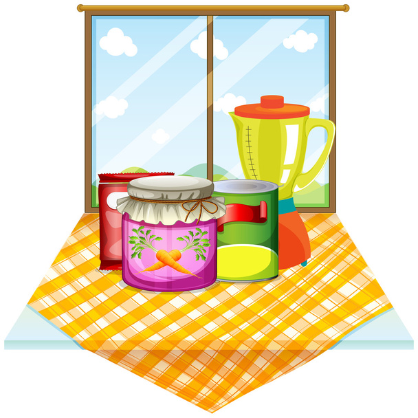 Una mesa cerca de la ventana con alimentos dentro de los recipientes
 - Vector, imagen