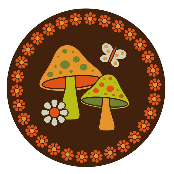 mushrooms flowers and butterflies circle graphic - Vector, Image