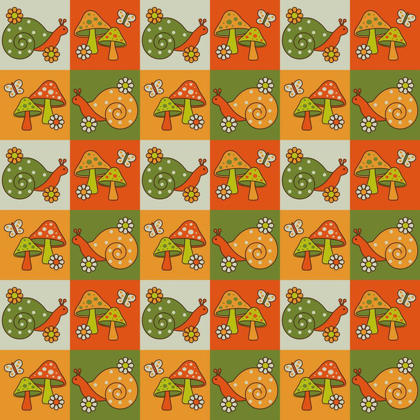 snails mushrooms flowers and butterflies seamless pattern - Vector, Image