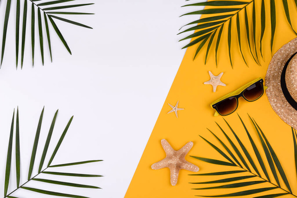 ビーチアクセサリー:色の背景に貝殻や海の星とメガネや帽子。夏の背景 - 写真・画像