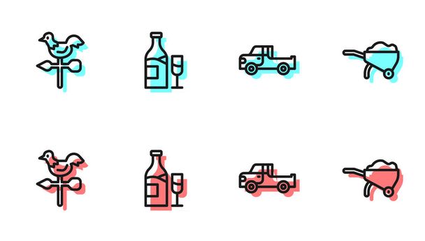 Set line Pickup truck, Rooster weather vane, Wine bottle with glass and Wheelbarrow dirt icon. Vector - Vector, Image