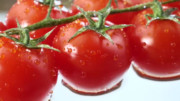 Krople wody powoli kapią na dojrzałe, czerwone pomidory.. - Materiał filmowy, wideo