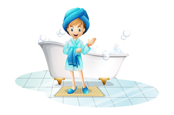 Una ragazza felice con un accappatoio blu e una cuffia da doccia blu
 - Vettoriali, immagini