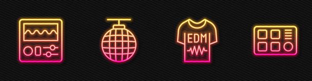 Set line tričko, Drum stroj, Disco míč a. Zářící neonová ikona. Vektor - Vektor, obrázek