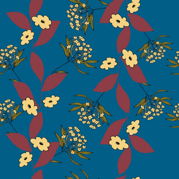 vector illustration seamless pattern pale yellow flowers,burgundy leaves,grass with small flowers,blue background,for wallpaper,fabric or furniture - Vektori, kuva