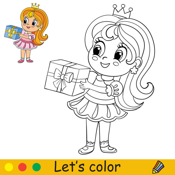 Elinde bir hediyeyle ayakta duran sevimli küçük kız. Çocuklar için renkli şablonlu boyama kitabı sayfası. Vektör izole illüstrasyon. Boyama kitabı, baskı, oyun, parti, tasarım için - Vektör, Görsel