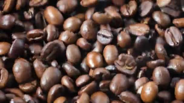 Granos de café tostados rebotando lentamente en una tabla - Metraje, vídeo