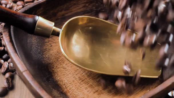 Paahdetut kahvipavut hitaasti putoavat lautaselle - Materiaali, video