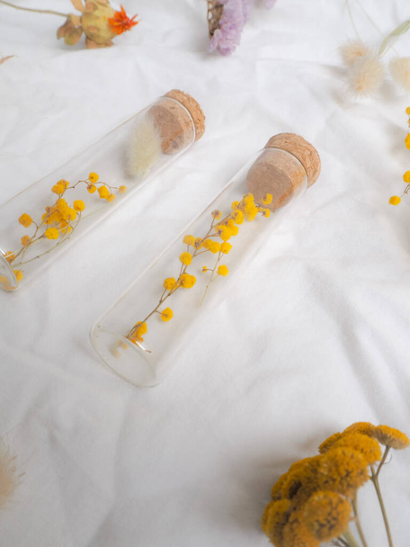 Ručně sušené květiny ve skleněné trubice dárek na bílém textilním pozadí - Fotografie, Obrázek