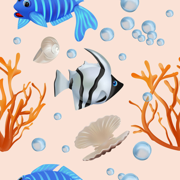 Patrón sin costura con peces tropicales, concha, corales. Patrón con mundo submarino para su diseño. Ilustración vectorial - Vector, Imagen