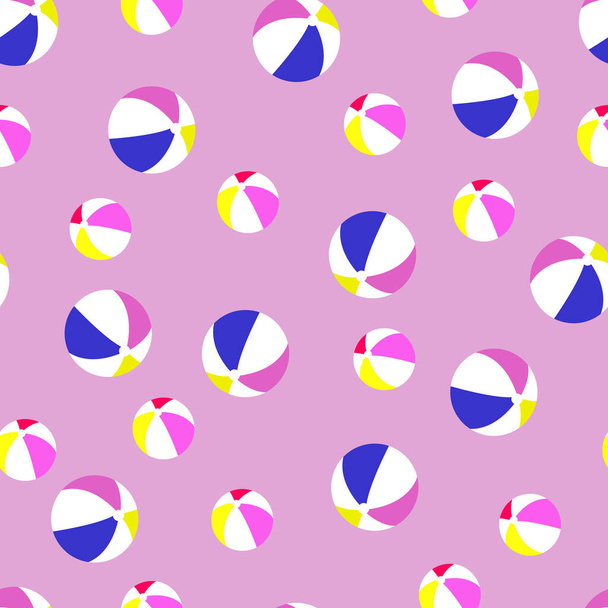 Beach ball icon seamless pattern on lilac background.Beach balls blue lilac yellow color.Textile design clothes banner notepad paper postcard.Children and adults. Vector illustration - Vector, Image