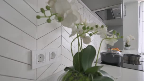 高級近代的な古典的な灰色のキッチンでのワークトップの閉鎖 - 映像、動画