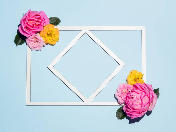 Frame met kopieerruimte gemaakt van kleurrijke rozenbloemen en bladeren op hemelsblauwe achtergrond. Plat gelegd. Natuurliefde concept. - Foto, afbeelding
