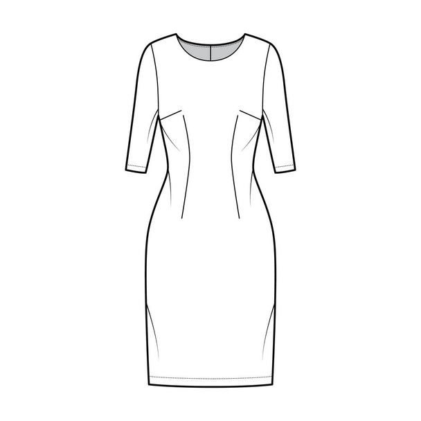 Šaty pochva technické módní ilustrace s lokty rukávy, montované tělo, kolena délka tužky sukně Ploché oblečení přední - Vektor, obrázek