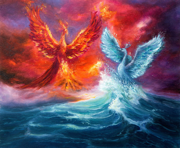 Eredeti absztrakt olajfestmény mutatja mitológia főnix és spirituális hattyú hullámok óceán vagy tenger vászon.Arany naplemente. Modern impresszionizmus, modernizmus, marinizmus - Fotó, kép