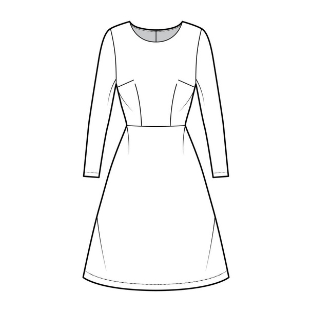 Šaty A-line technická módní ilustrace s dlouhými rukávy, vestavěným tělem, přirozeným pasem, sukní po kolena. Flat - Vektor, obrázek