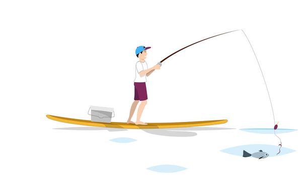 Chlápek rybaří na sup boardu. Obrázek přistávací stránky - Vektor, obrázek