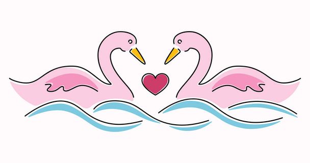 Arte de línea minimalista un par de cisnes enamorados en las olas y el corazón - Vector, imagen