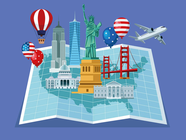 EUA ícones no mapa de papel - Vetor, Imagem