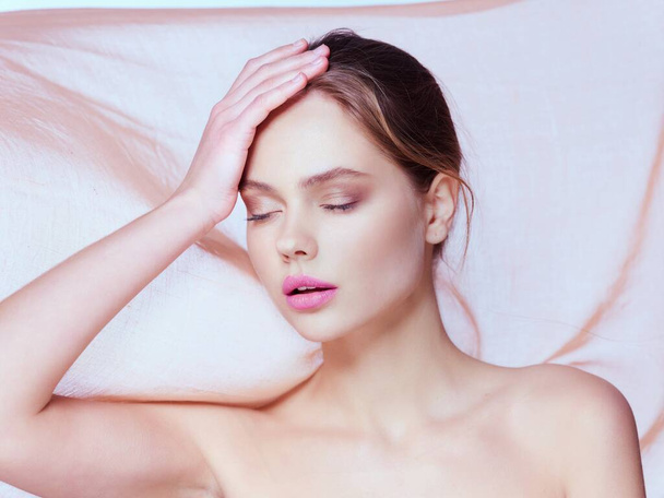 attractive women naked shoulders closed eyes cosmetics luxury - Photo, Image