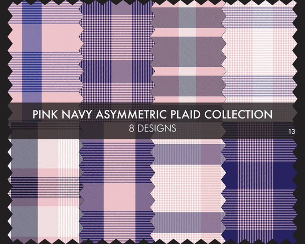 Pink Navy Asymmetric Plaid seamless pattern collection includes 8 designs for fashion textiles and graphics - Vector, Image