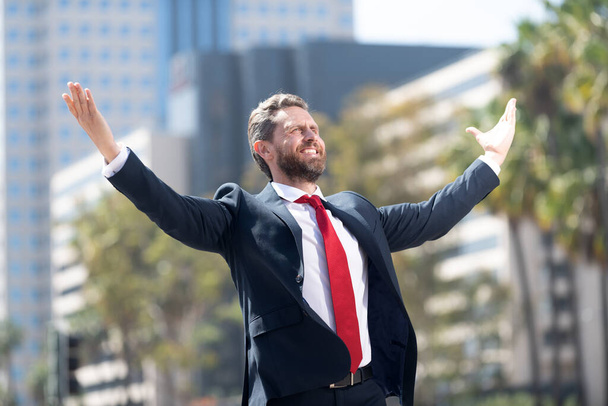 man feel freedom. professional bearded ceo celebrating success. mature businessman - Photo, Image