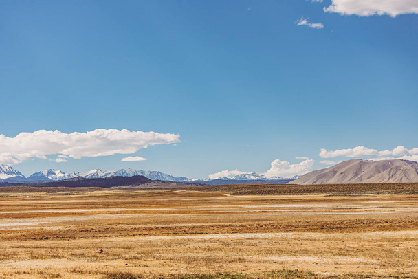 Arid plains against Sierra Nevada Mountains and clear blue sky  - Фото, зображення