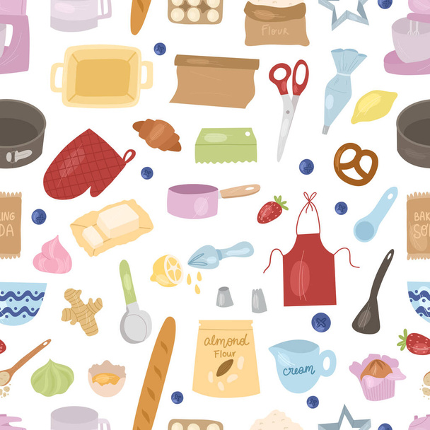 Cartoon baking tools and ingredients: mixer, whisk, eggs, flour, baking powder, rolling pin etc. - Vektor, Bild