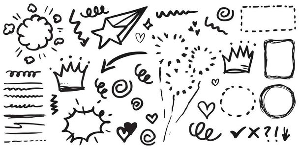 mano dibujado conjunto de swishes rizados, swashes, swoops. Flechas abstractas, Flecha, corazón, amor, estrella, hoja, sol, luz, corona, rey, reina, en estilo doodle para el diseño de concepto. ilustración vectorial. - Vector, Imagen
