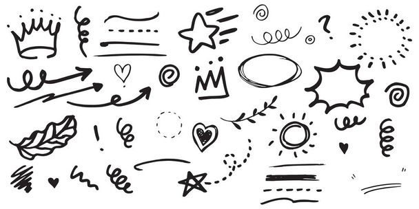 hand drawn set of curly swishes, swashes, swoops. Abstract arrows,  Arrow, heart, love, star, leaf, sun, light, crown, king, queen, on doodle style for concept design. vector illustration. - Vector, Image