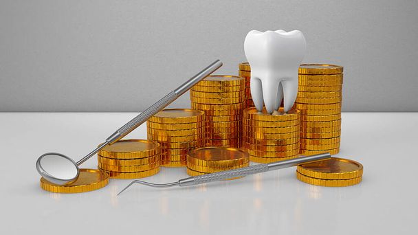 Złote monety i ząb z lustrem dentystycznym. Drogie leczenie stomatologiczne. Ubezpieczenie dentystyczne. 3d renderowanie - Zdjęcie, obraz