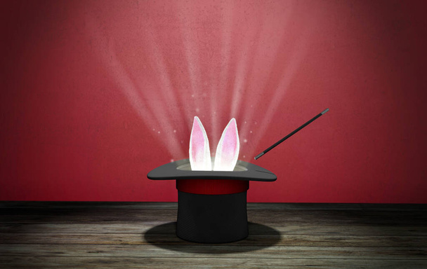 Zauberhut. Hasenohren ragen mit einem schwarzen Zylinderhut mit roter Schleife und Zauberstab hervor. Roter Hintergrund mit Holzboden. Lichtstrahlen von der Kappe. 3D-Darstellung. - Foto, Bild