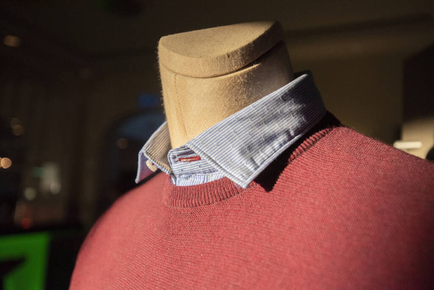 A closeup shot of a sweater with a gray collared shirt on a mannequin - Фото, изображение