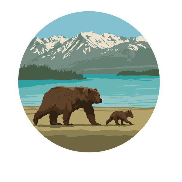 Дикий природний ландшафт з ведмедями в річці. Аляска. Намальована вручну ілюстрація. Високоякісний приклад - Фото, зображення