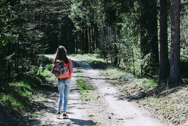 One young girl tourist with backpack walking along path through forest during summer day. Hipster lifestyle and solo trip.Back view. - Photo, Image