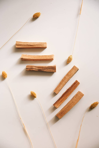 The sacred wood Palo Santo. Flat lay, top view. Copy space for text. - Foto, Bild