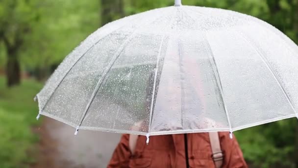 Kobieta z jasnym przezroczystym parasolem w deszczu na ulicy, zbliżenie - Materiał filmowy, wideo