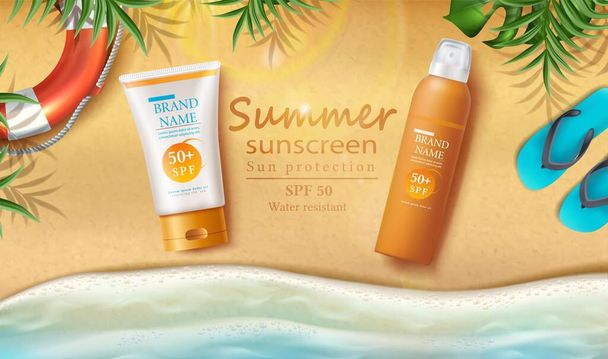 Vector summer sunscreen protection banner with sunscreen bottles on the sand with sunbeams and tropical leaves and slippers. - Vecteur, image