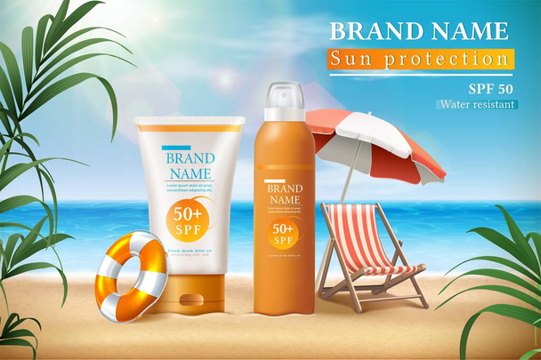Vector summer sunscreen protection banner with sunscreen bottles and the sunbed under umbrella with sunbeams and tropical leaves. - Vector, Image