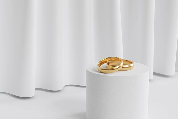 Two golden wedding rings on podium or pedestal, background with white curtains, 3d render - Photo, Image