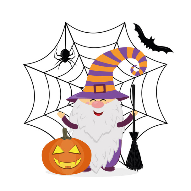 a gnome in a Halloween costume with a pumpkin and a broom on the background of a spider web and a spider. - Vector, afbeelding